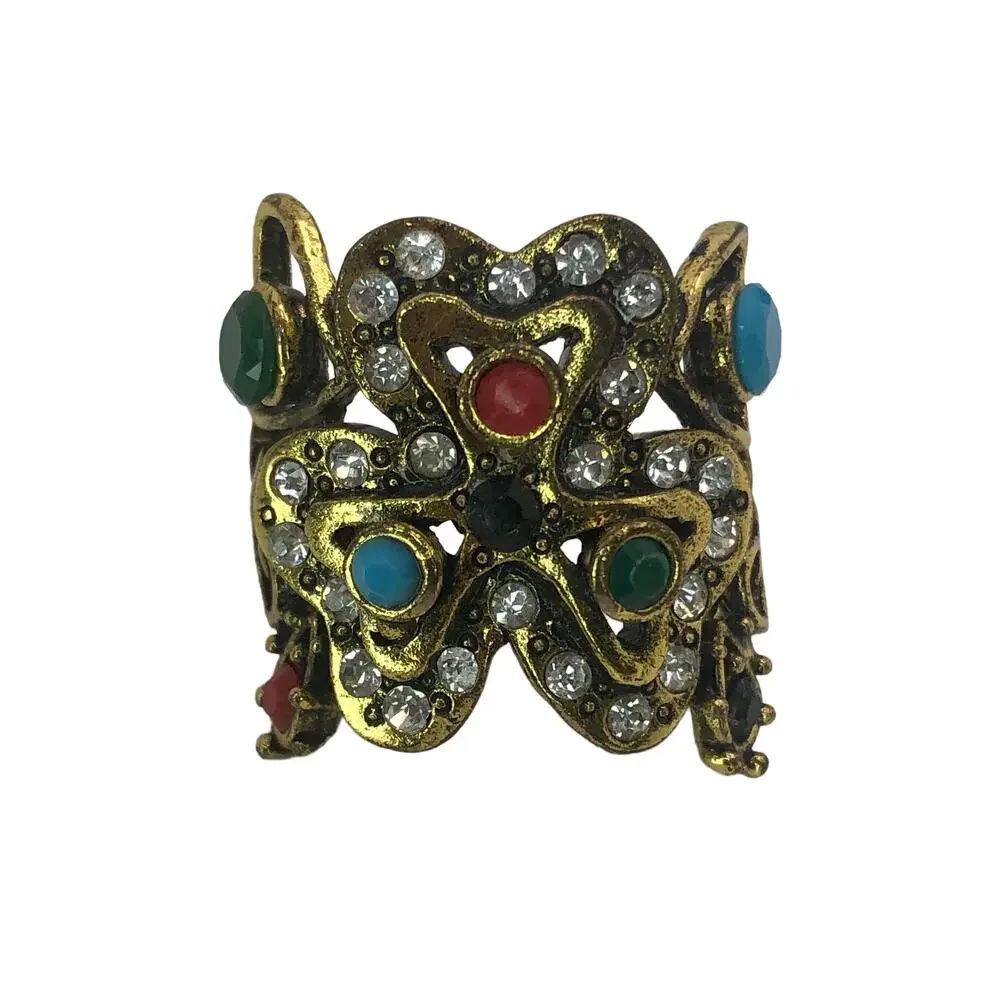 Gold and Multicolor Rhinestone Statement Ring - Size 9